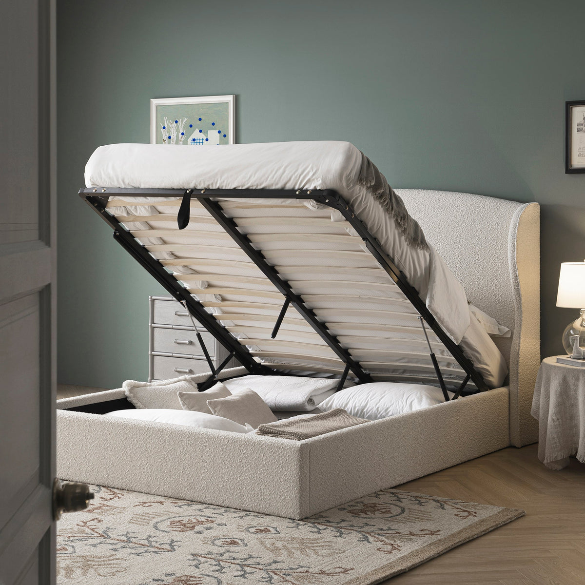 Kimberly Winged Upholstered Storage Bed in Ecru Boucle