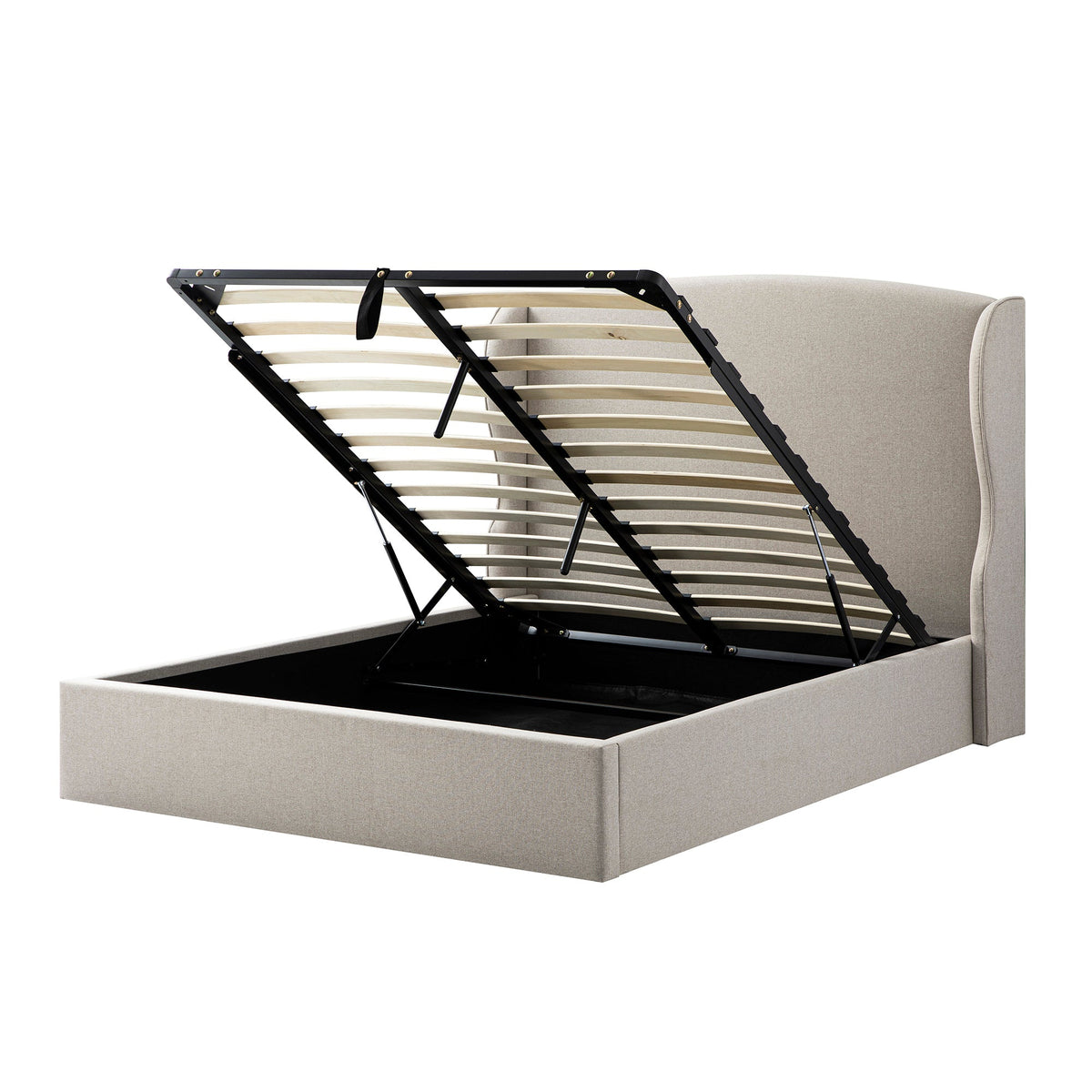 Kimberly Winged Upholstered Storage Bed in Sand Fabric