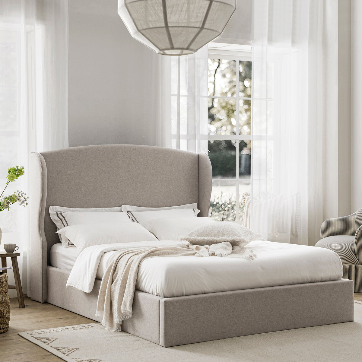 Kimberly Winged Upholstered Storage Bed in Sand Fabric