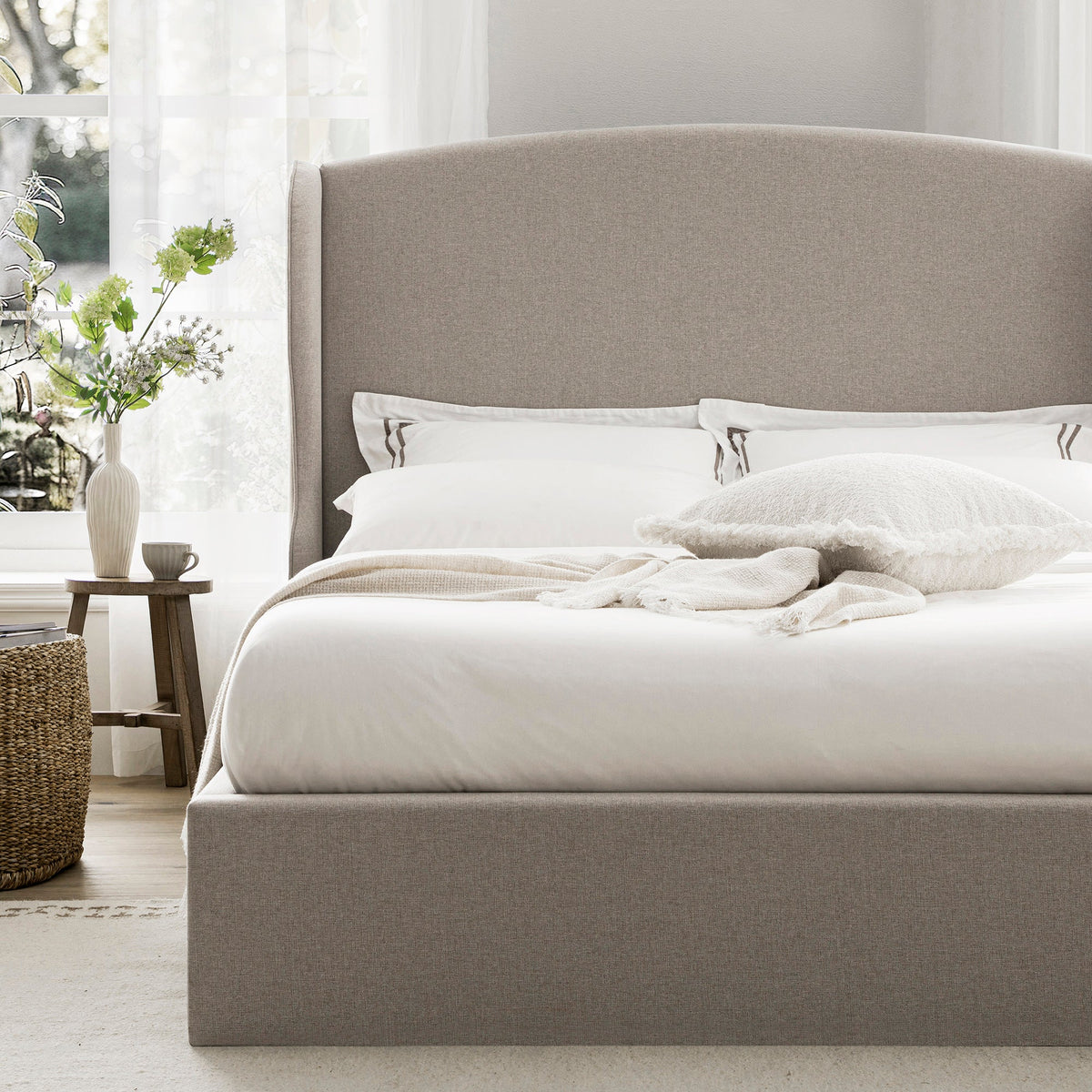 Kimberly Winged Upholstered Storage Bed in Sand Fabric