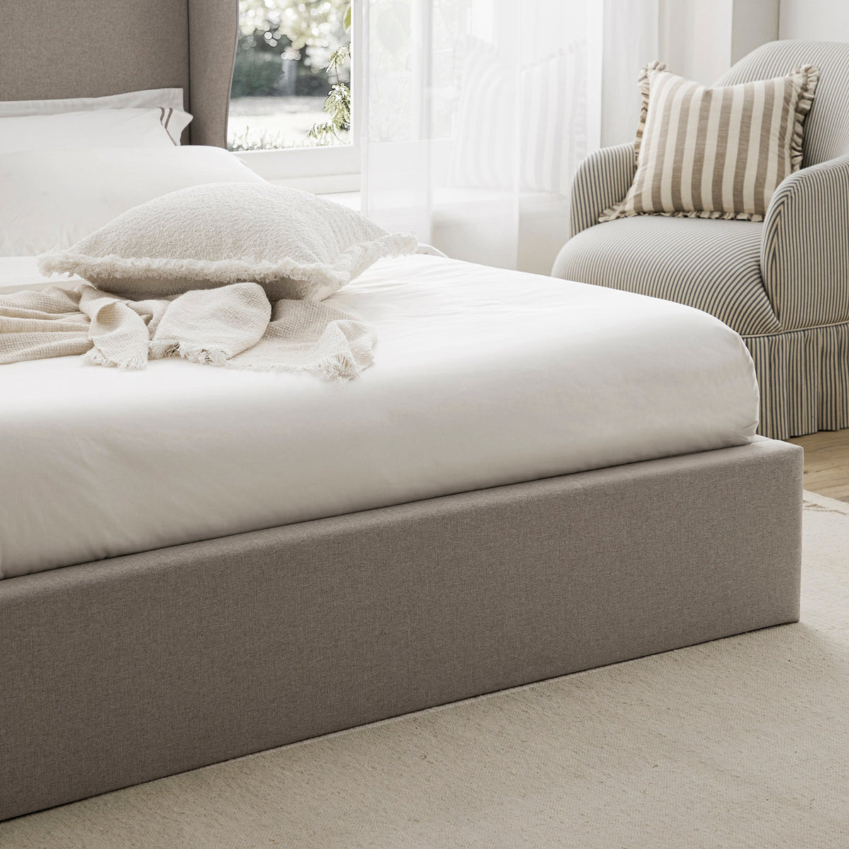 Kimberly Winged Upholstered Storage Bed in Sand Fabric