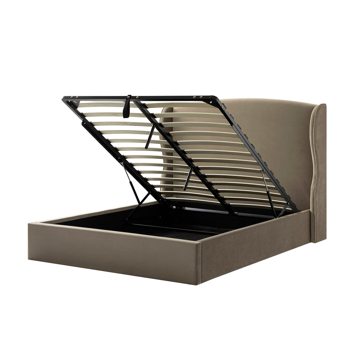 Kimberly Winged Upholstered Storage Bed in Taupe Velvet