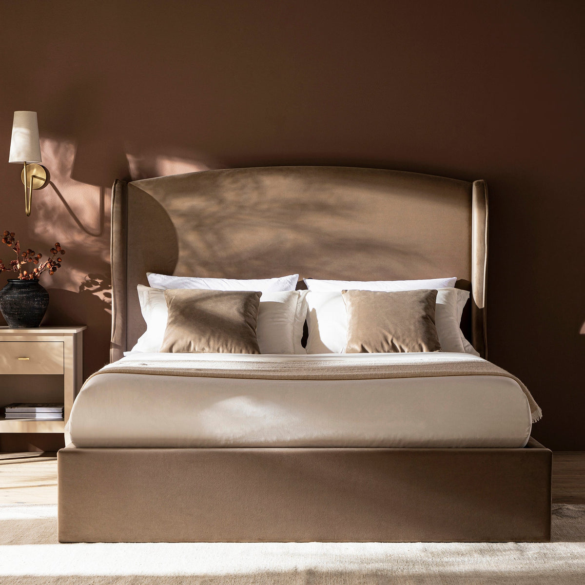 Kimberly Winged Upholstered Storage Bed in Taupe Velvet