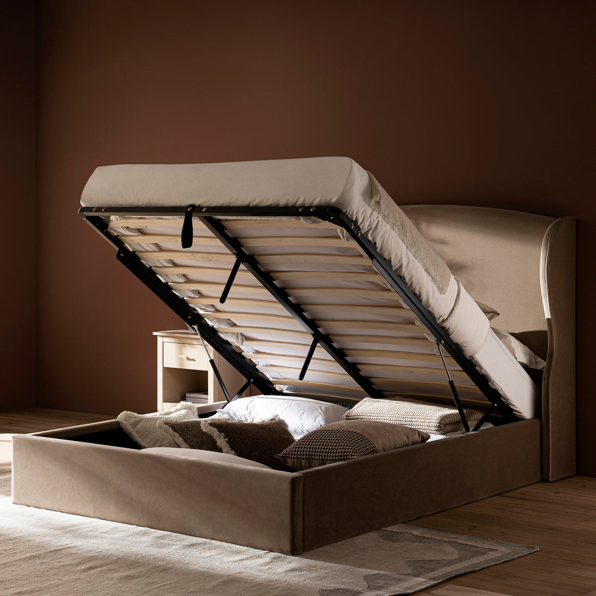 Kimberly Winged Upholstered Storage Bed in Taupe Velvet