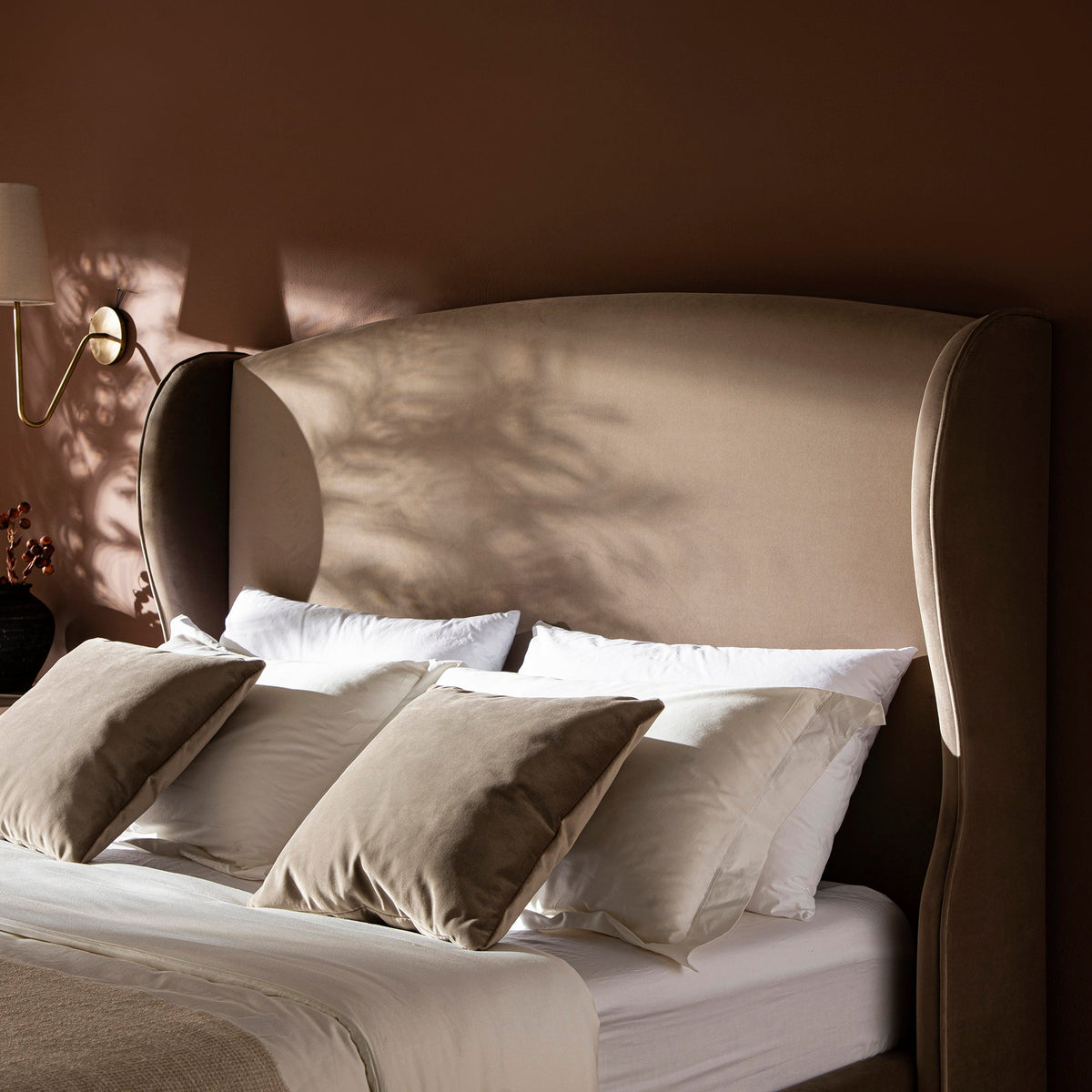 Kimberly Winged Upholstered Storage Bed in Taupe Velvet