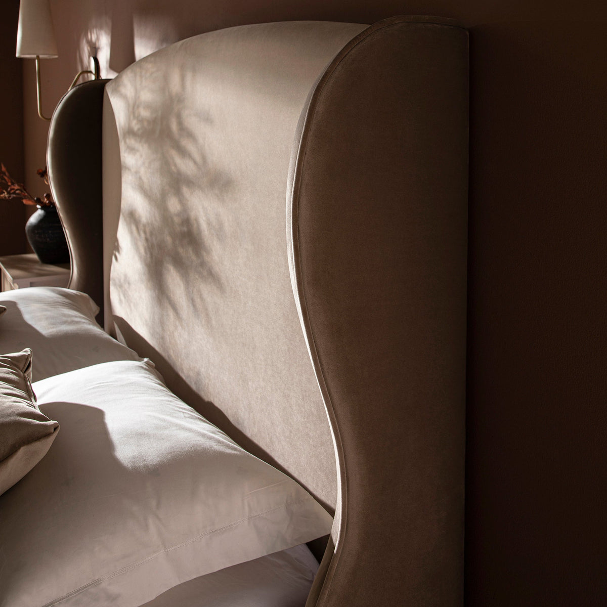 Kimberly Winged Upholstered Storage Bed in Taupe Velvet