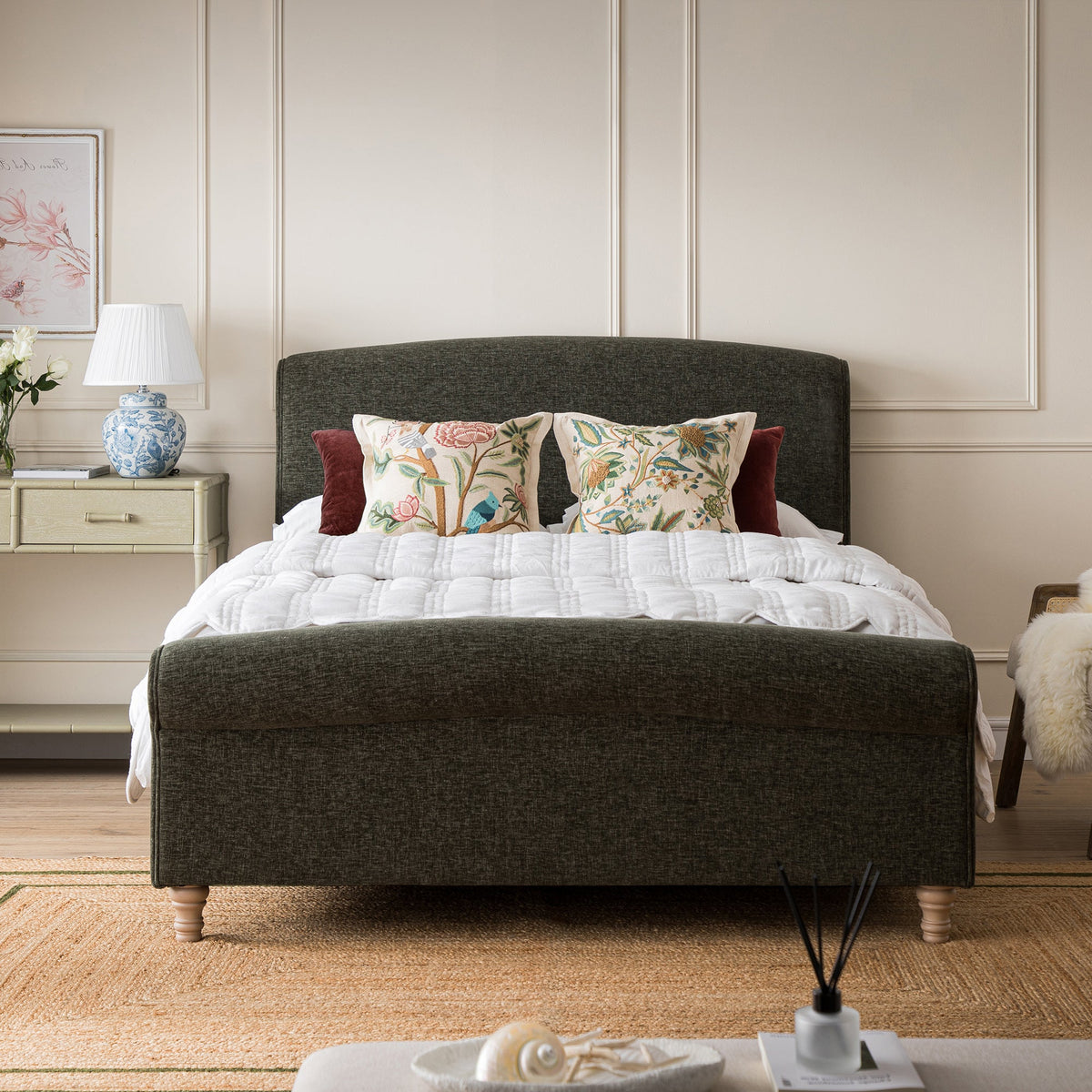 Porchester Ottoman Storage Sleigh Bed in Forest Green Chenille