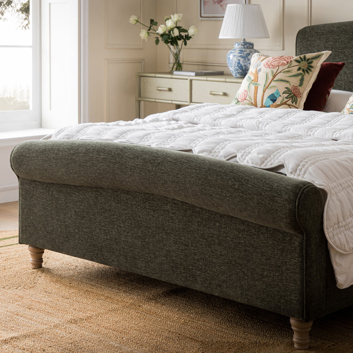 Porchester Ottoman Storage Sleigh Bed in Forest Green Chenille