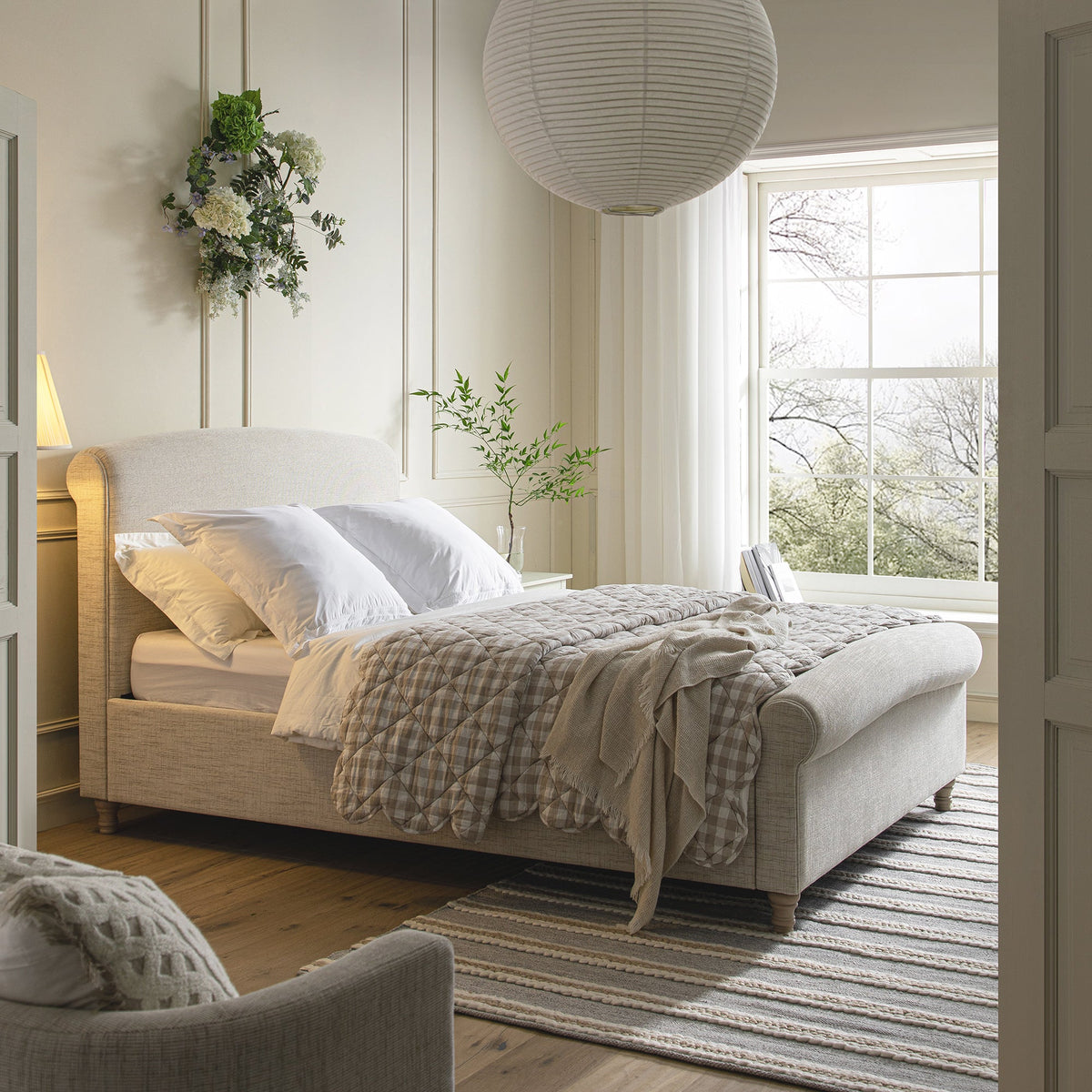 Porchester Ottoman Storage Sleigh Bed in Oatmeal Woven Textured Fabric