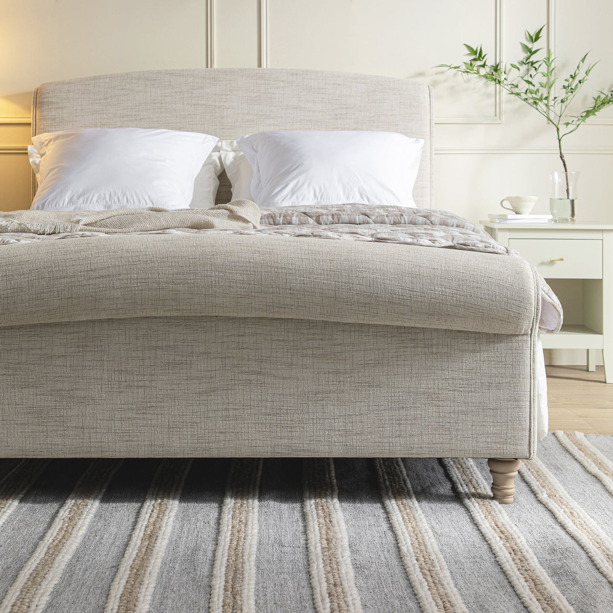Porchester Ottoman Storage Sleigh Bed in Oatmeal Woven Textured Fabric