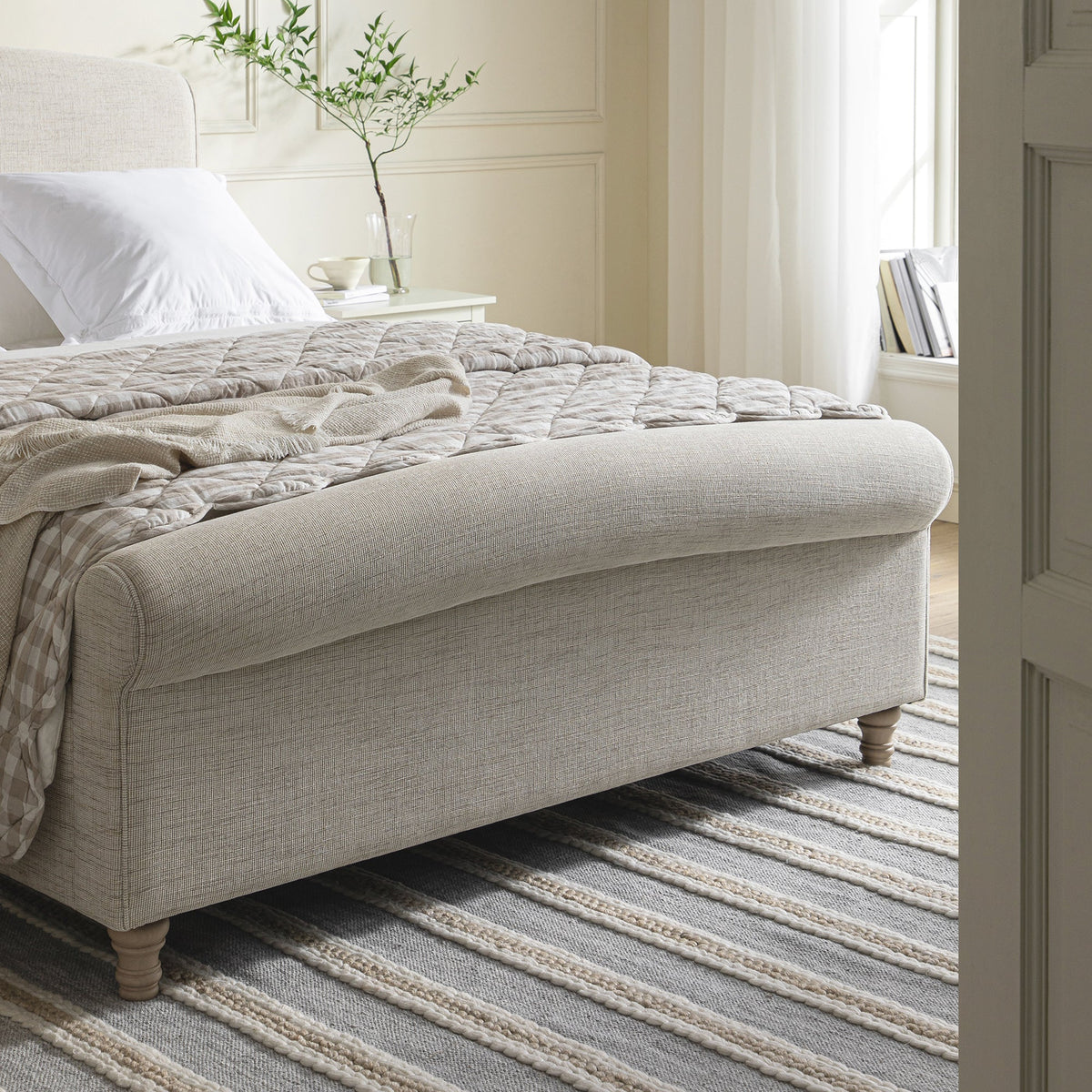 Porchester Ottoman Storage Sleigh Bed in Oatmeal Woven Textured Fabric