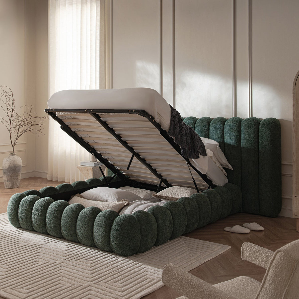 Sebastian Grand Storage Bed in Forest Green Teddy Bouclé