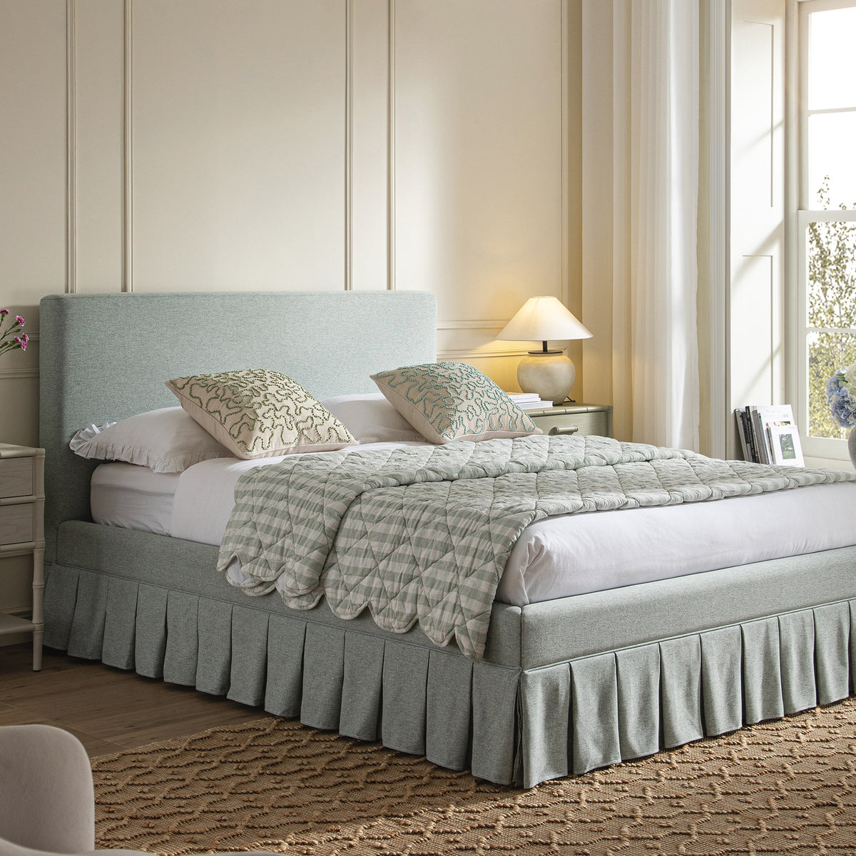 Egerton Box-Pleat Ottoman Storage Bed in Pale Aqua Brushed Fabric