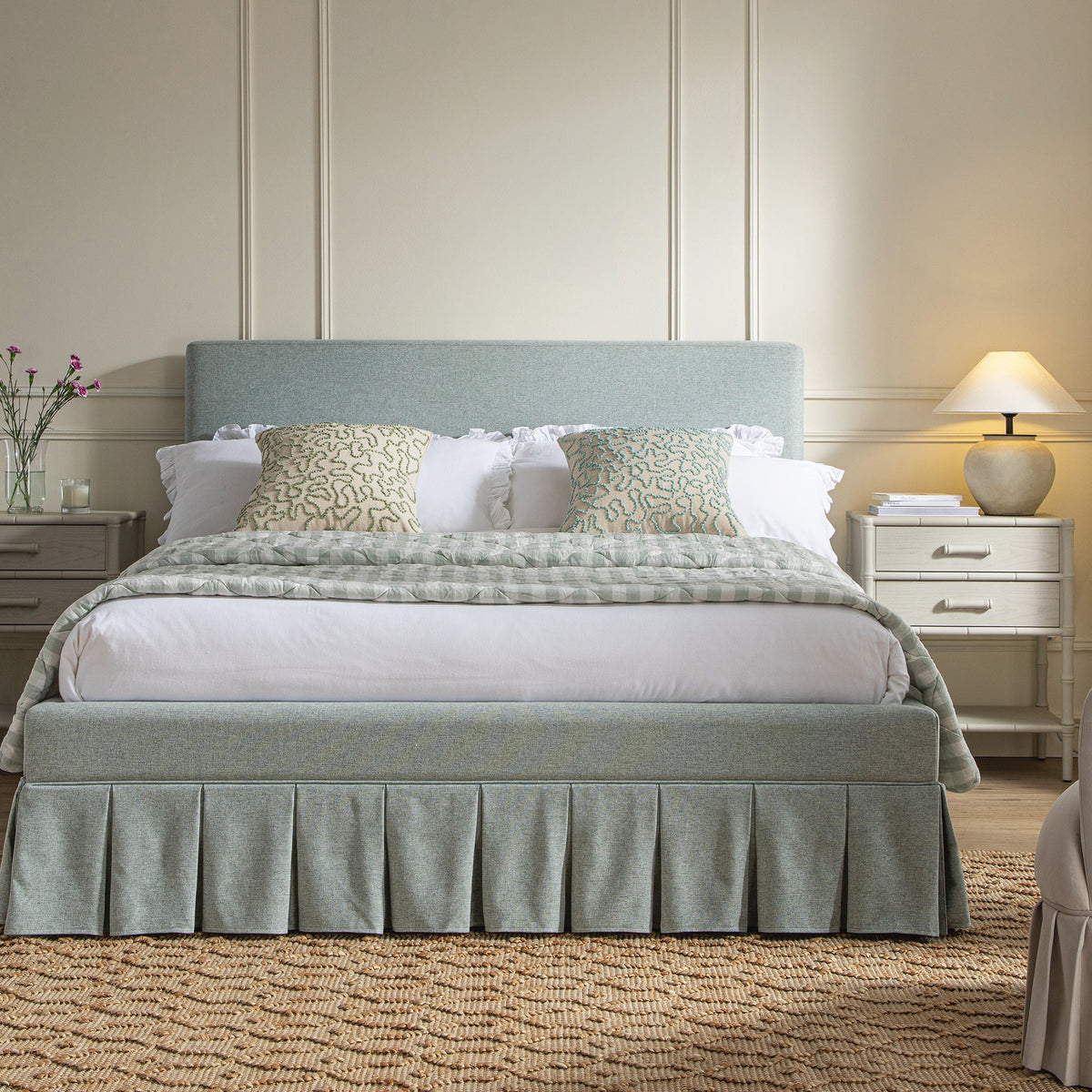 Egerton Box-Pleat Ottoman Storage Bed in Pale Aqua Brushed Fabric