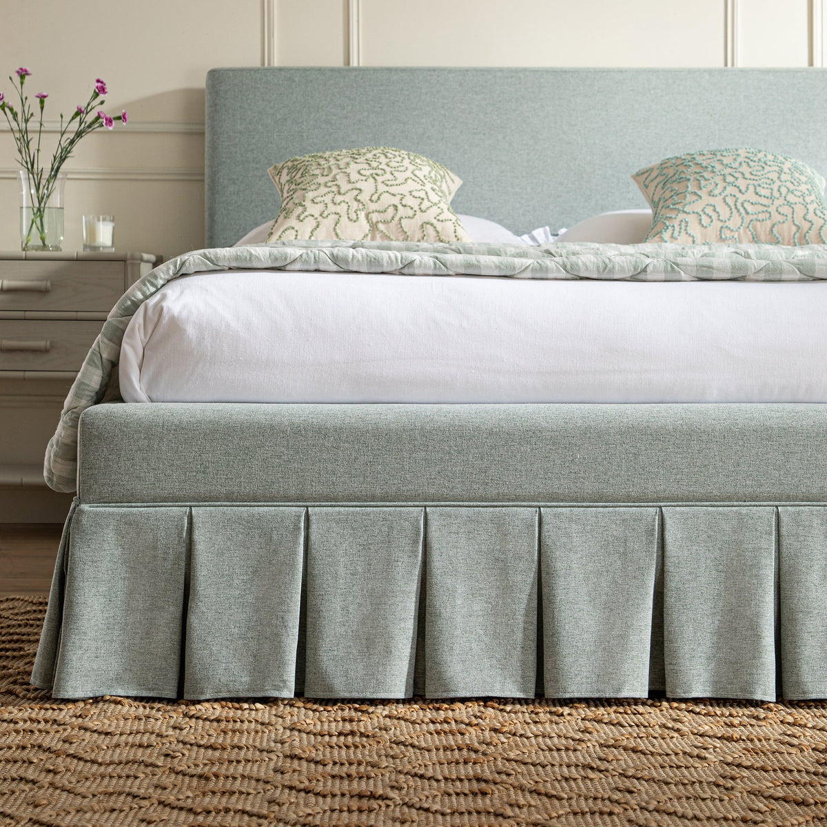 Egerton Box-Pleat Ottoman Storage Bed in Pale Aqua Brushed Fabric