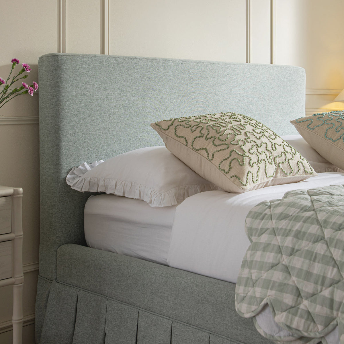 Egerton Box-Pleat Ottoman Storage Bed in Pale Aqua Brushed Fabric