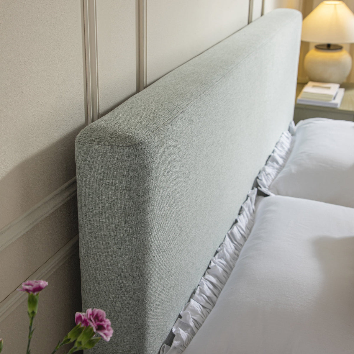 Egerton Box-Pleat Ottoman Storage Bed in Pale Aqua Brushed Fabric