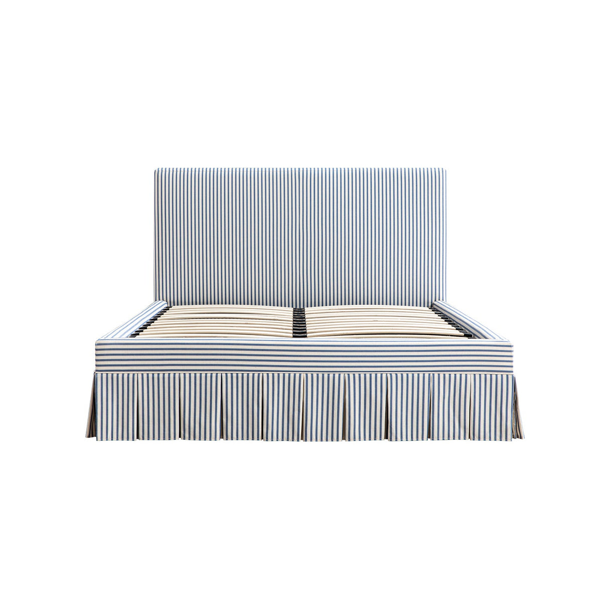 Egerton Box-Pleat Ottoman Storage Bed in Blue Striped Linen