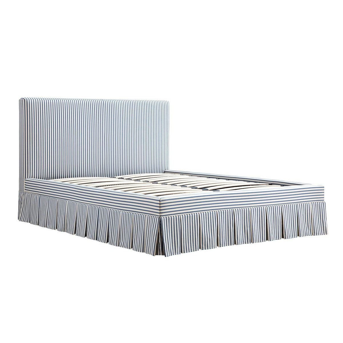 Egerton Box-Pleat Ottoman Storage Bed in Blue Striped Linen