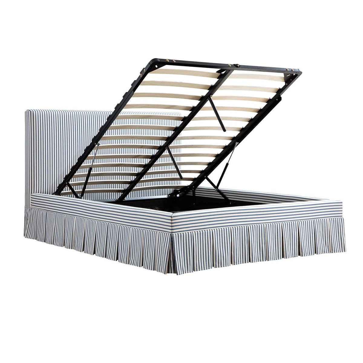 Egerton Box-Pleat Ottoman Storage Bed in Blue Striped Linen