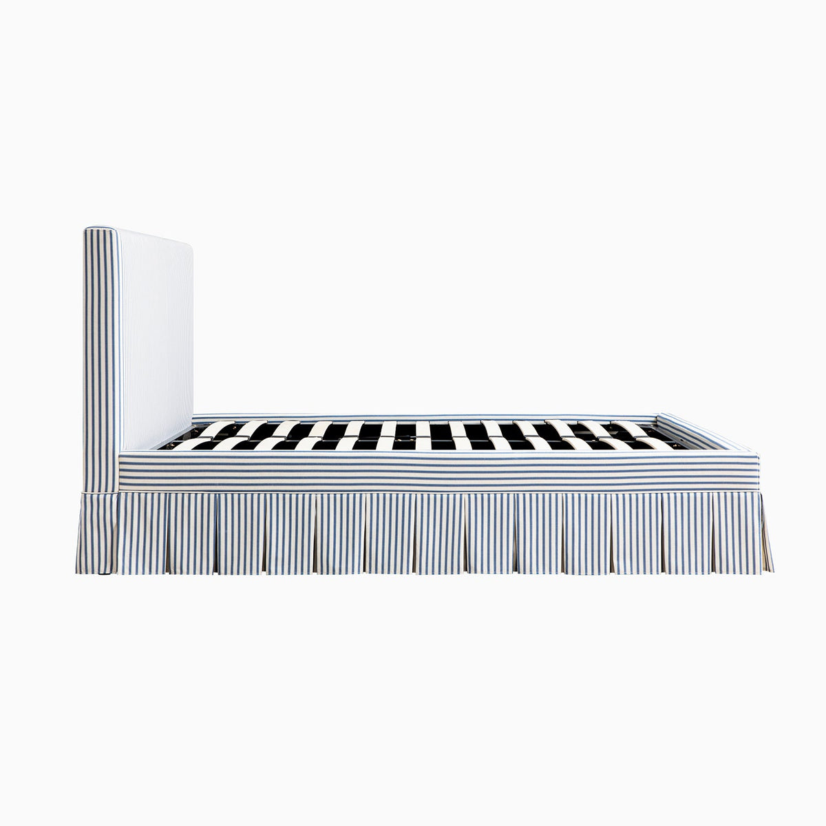 Egerton Box-Pleat Ottoman Storage Bed in Blue Striped Linen