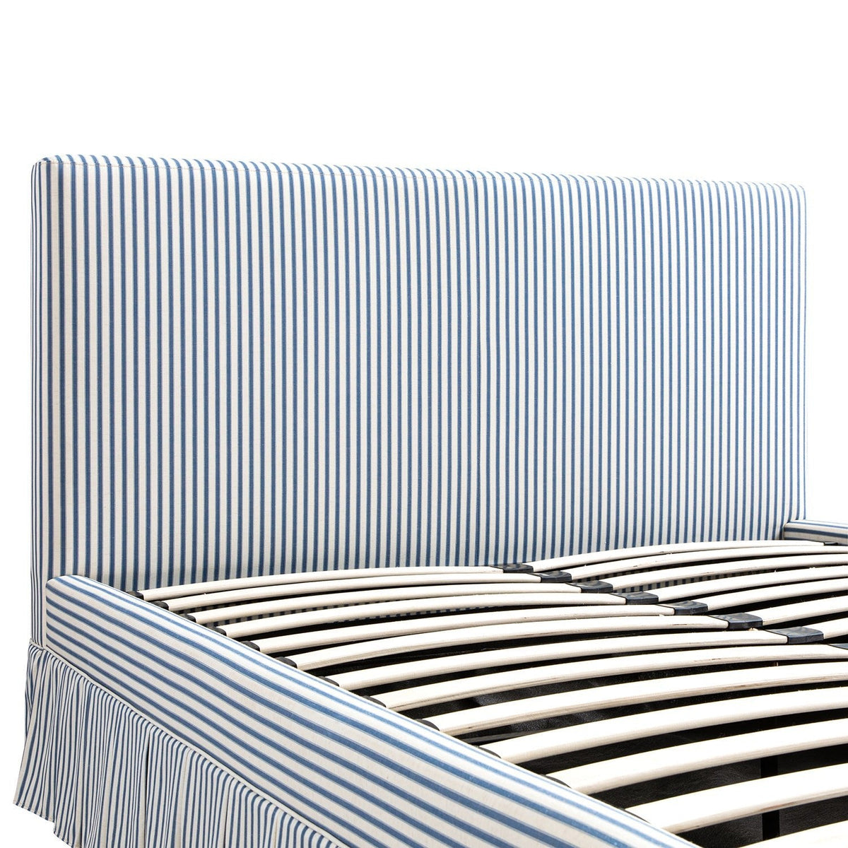 Egerton Box-Pleat Ottoman Storage Bed in Blue Striped Linen