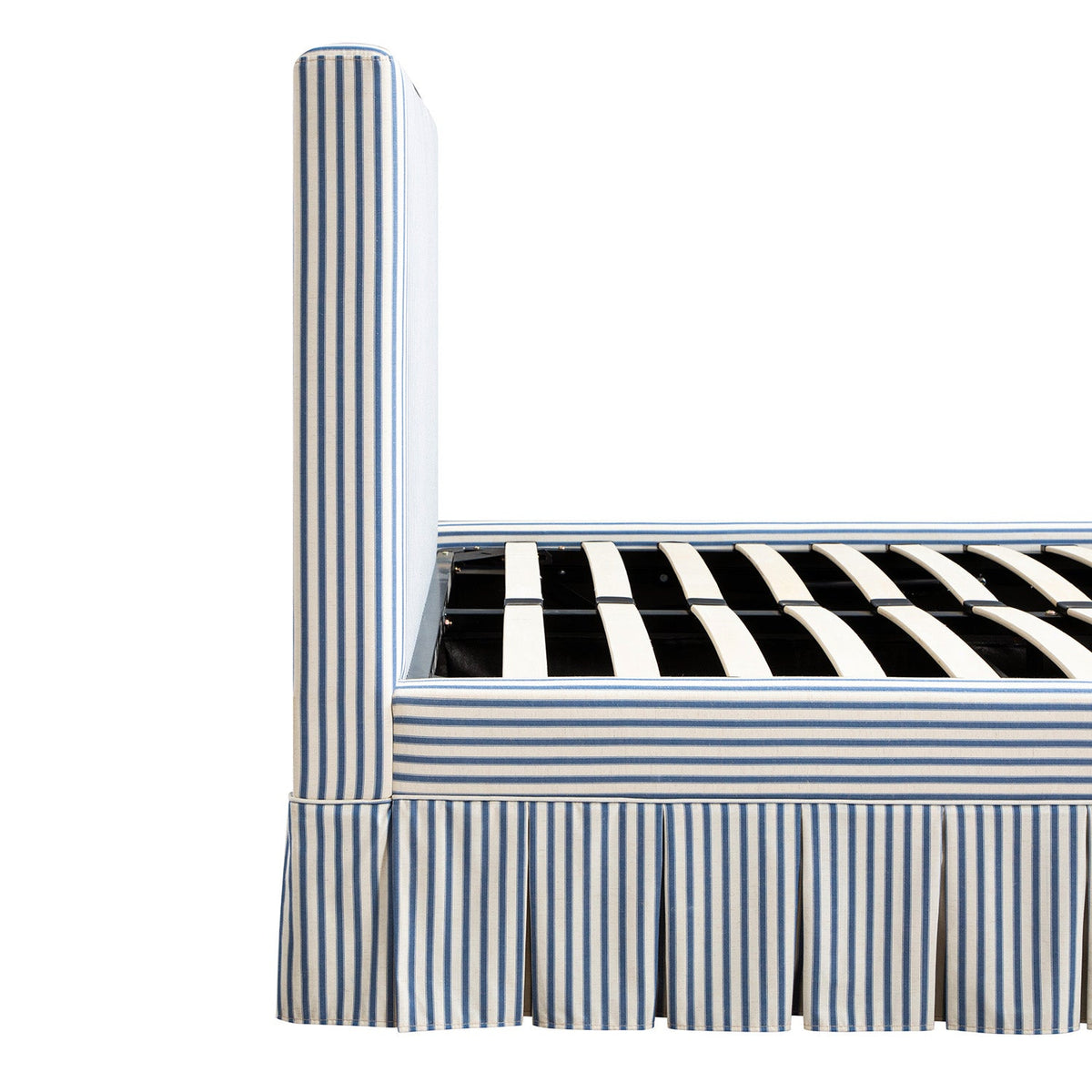 Egerton Box-Pleat Ottoman Storage Bed in Blue Striped Linen
