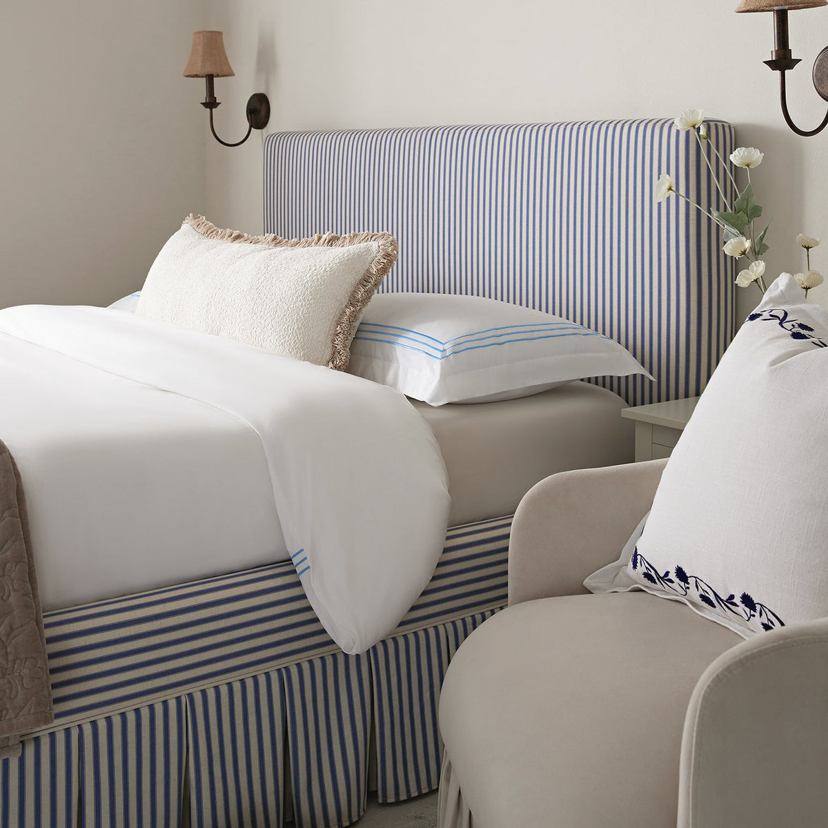 Egerton Box-Pleat Ottoman Storage Bed in Blue Striped Linen
