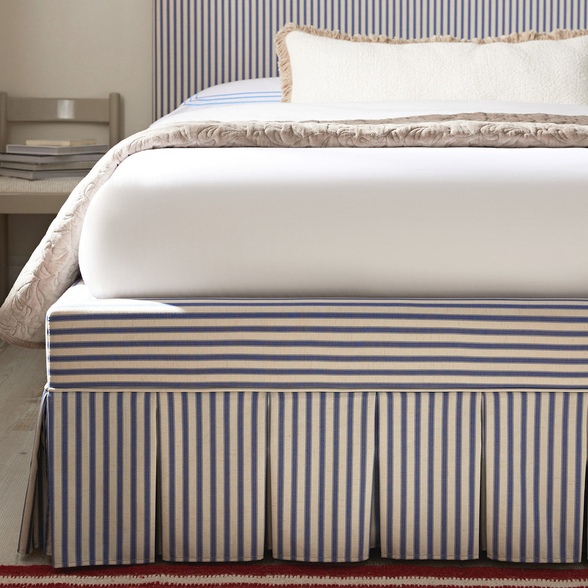 Egerton Box-Pleat Ottoman Storage Bed in Blue Striped Linen