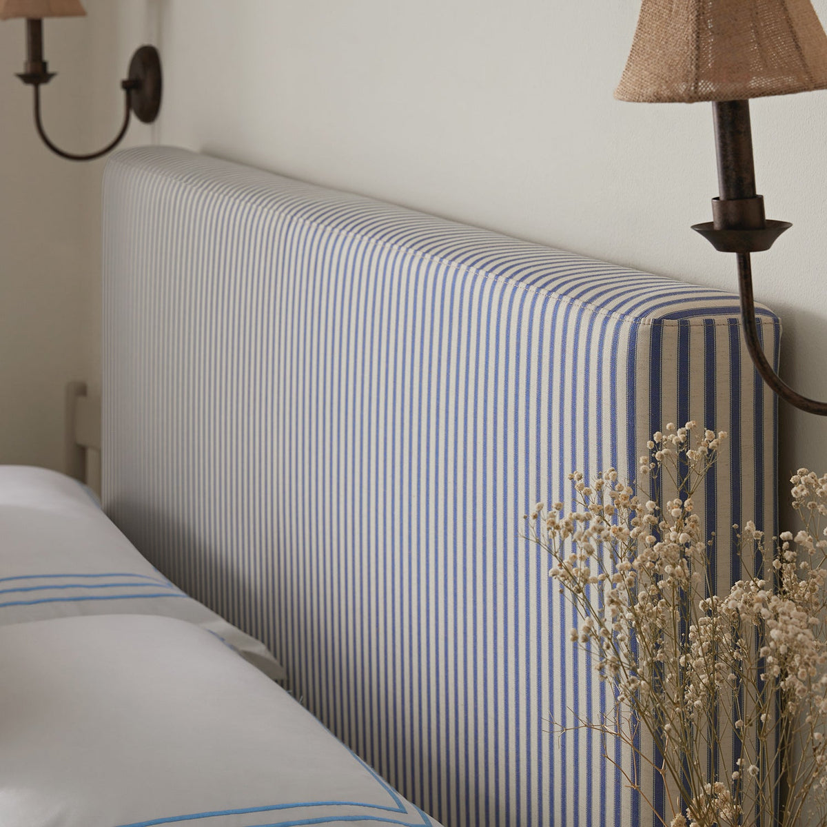 Egerton Box-Pleat Ottoman Storage Bed in Blue Striped Linen