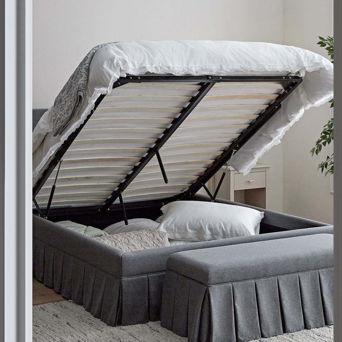 Egerton Box-Pleat Ottoman Storage Bed in Charcoal Brushed Fabric