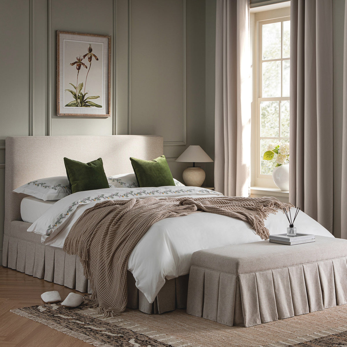 Egerton Box-Pleat Ottoman Storage Bed in Oatmeal Brushed Fabric