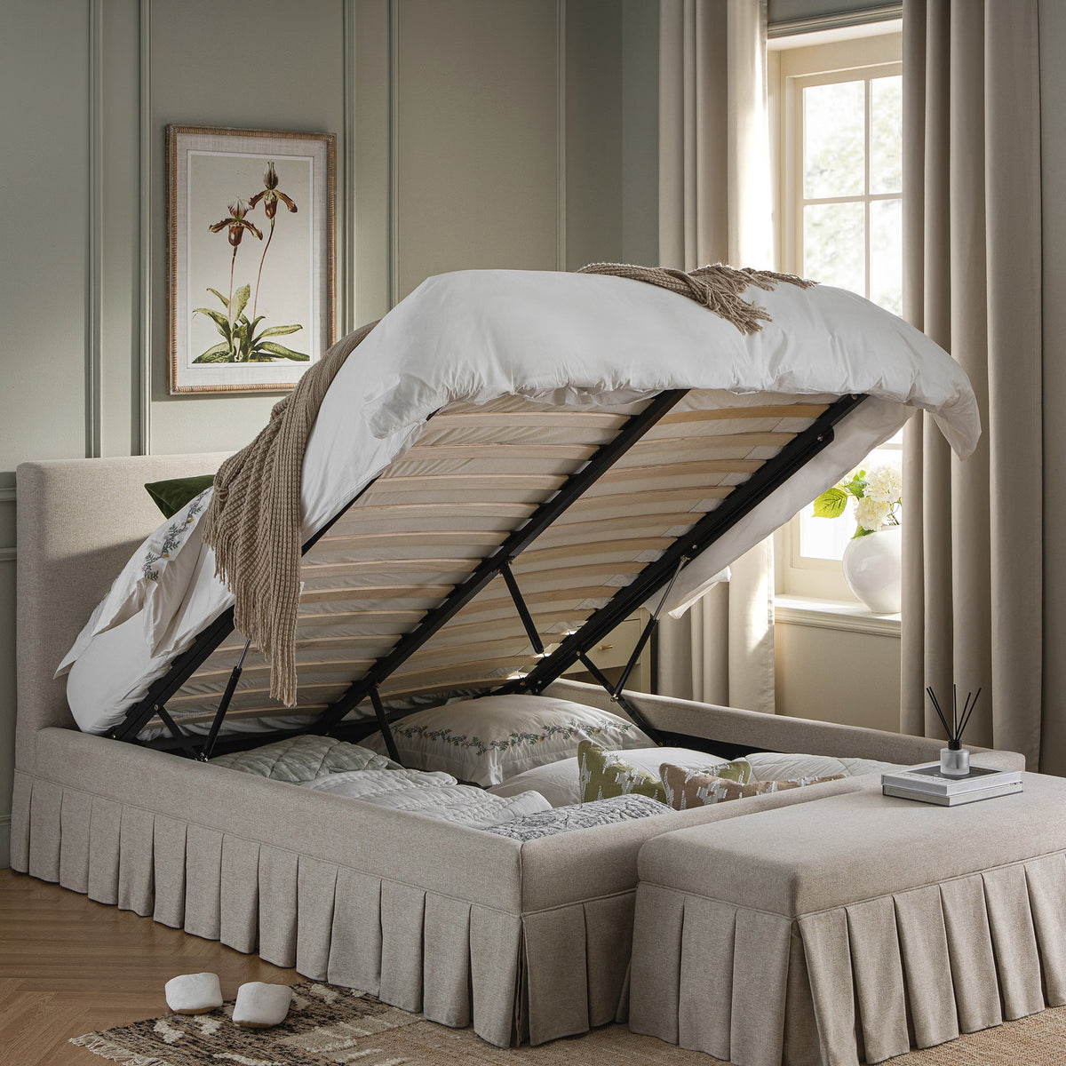 Egerton Box-Pleat Ottoman Storage Bed in Oatmeal Brushed Fabric