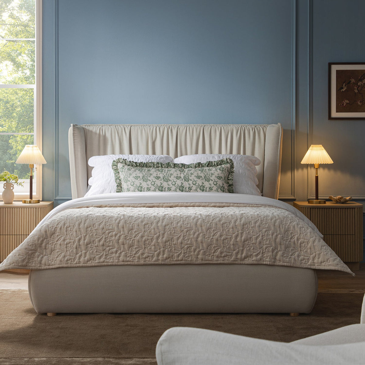 Astrid Ruched Wingback Bed in Ivory Chenille