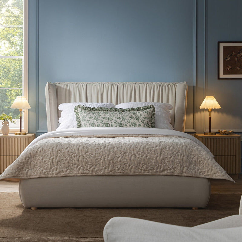 Astrid Ruched Wingback Bed in Ivory Chenille