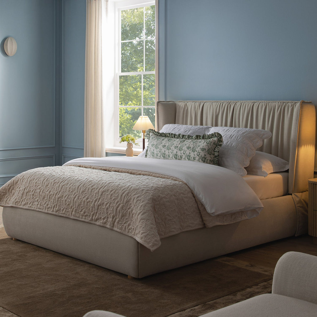 Astrid Ruched Wingback Bed in Ivory Chenille