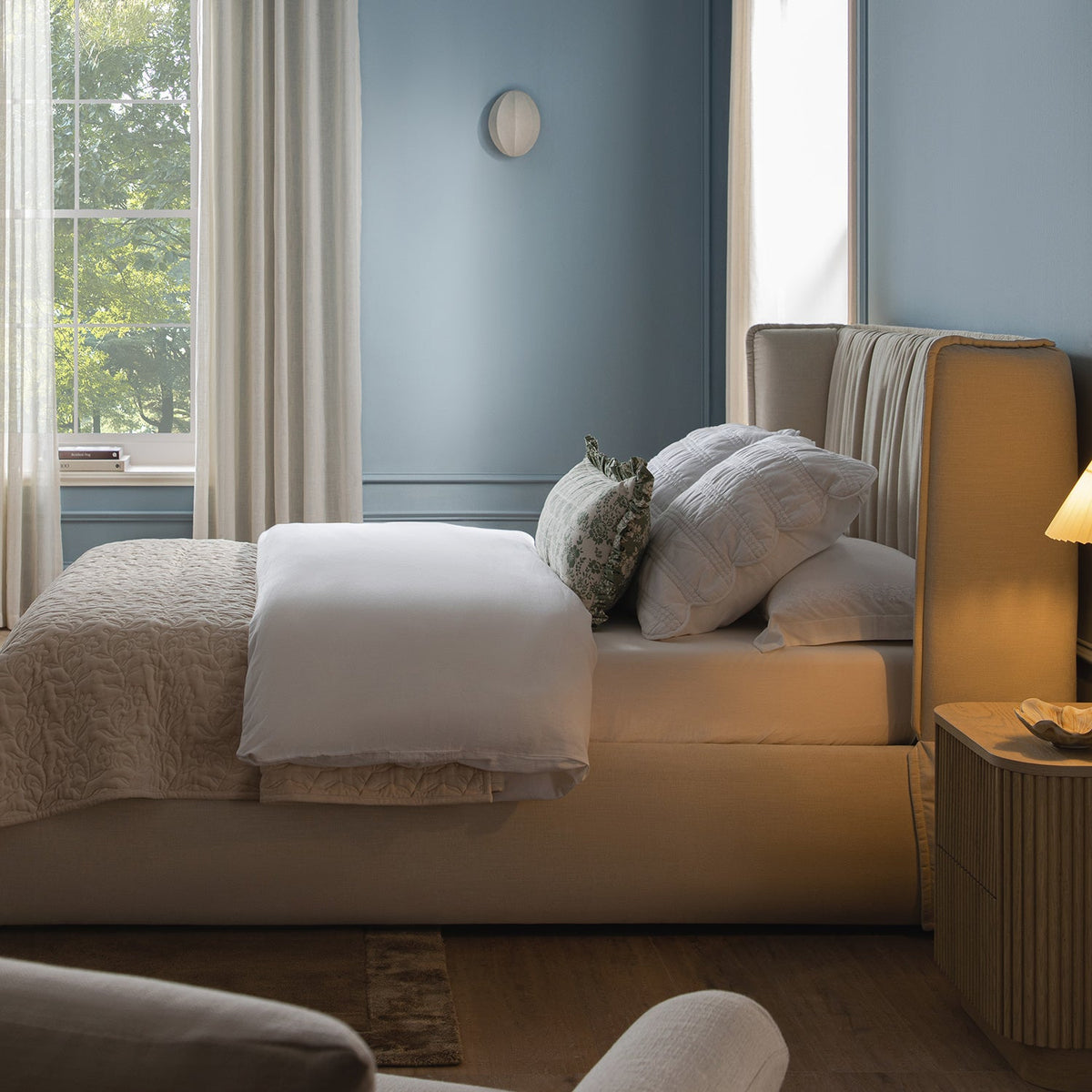 Astrid Ruched Wingback Bed in Ivory Chenille
