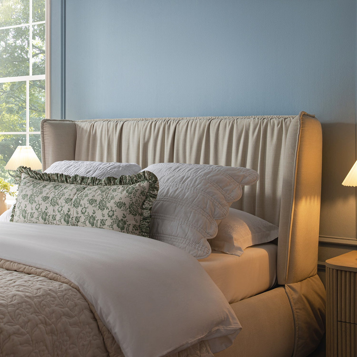Astrid Ruched Wingback Bed in Ivory Chenille