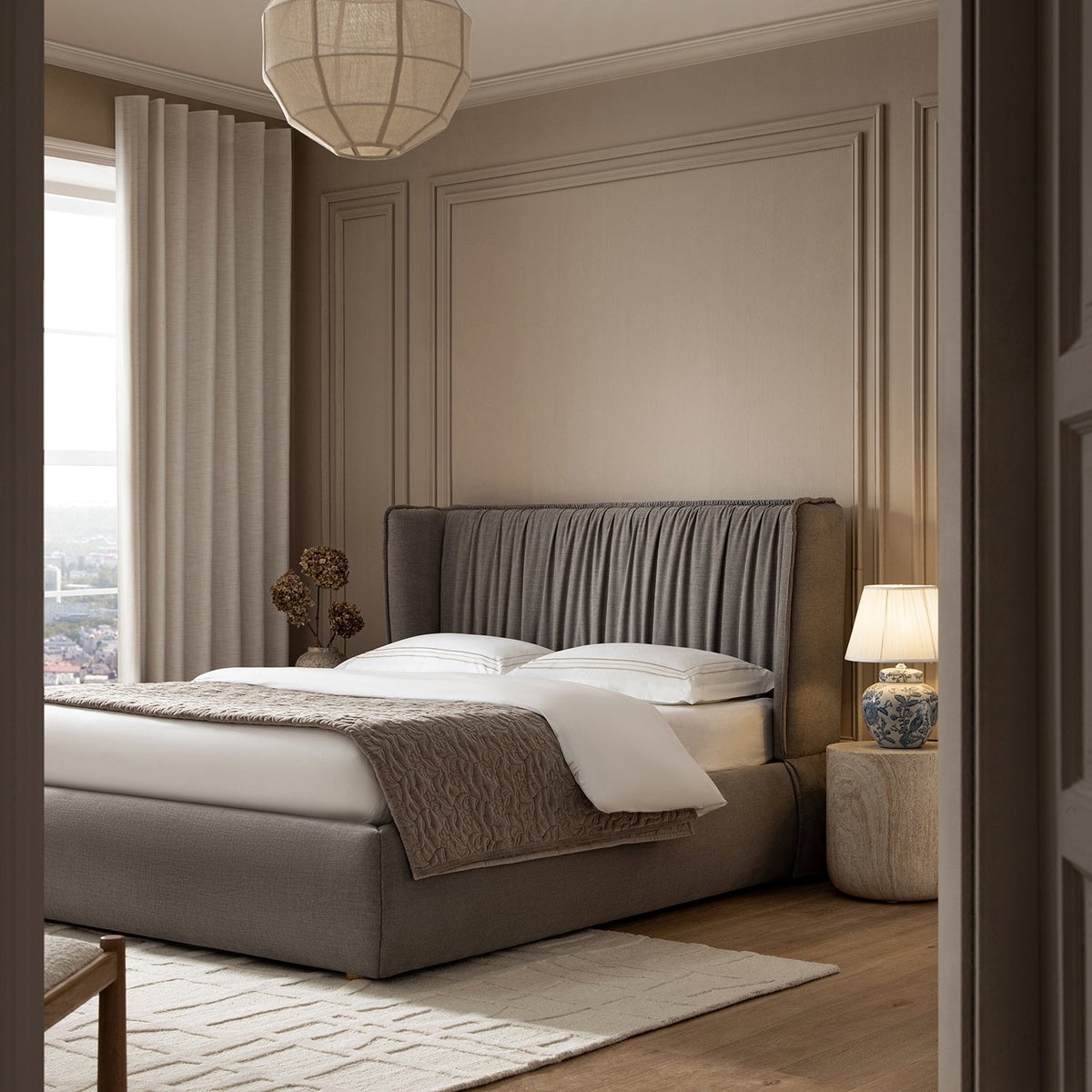 Astrid Ruched Wingback Bed in Soft Grey Chenille