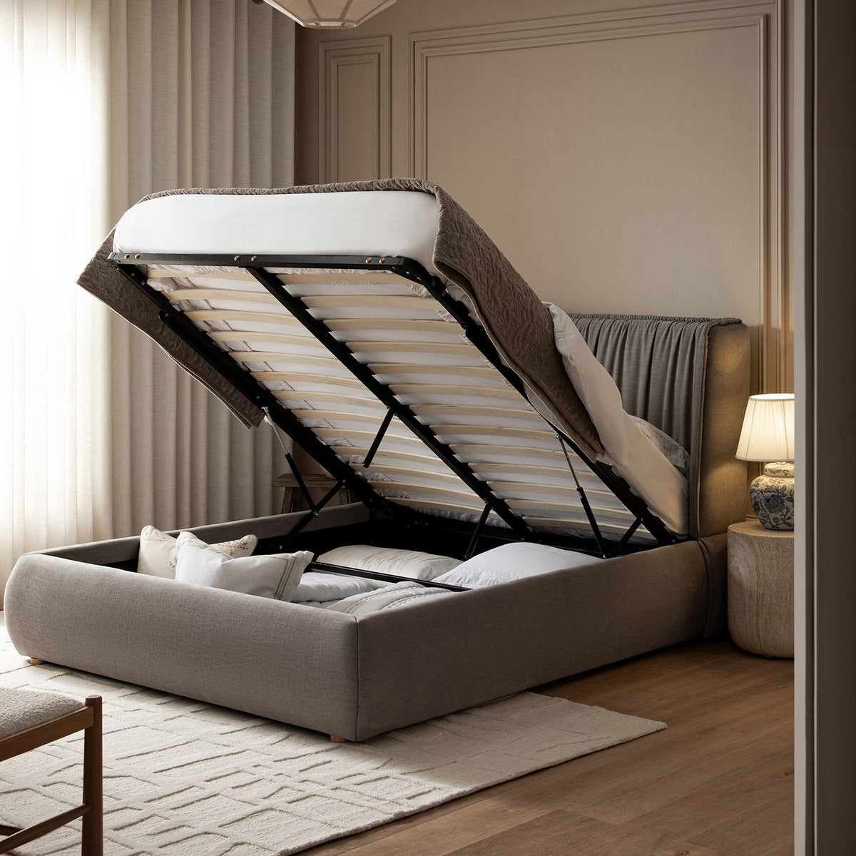 Astrid Ruched Wingback Bed in Soft Grey Chenille