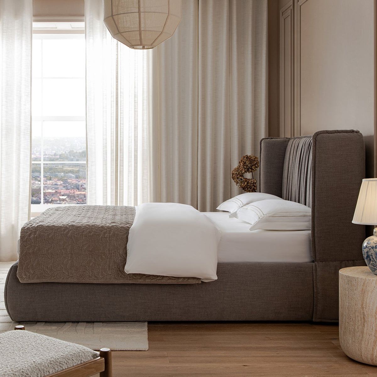Astrid Ruched Wingback Bed in Soft Grey Chenille
