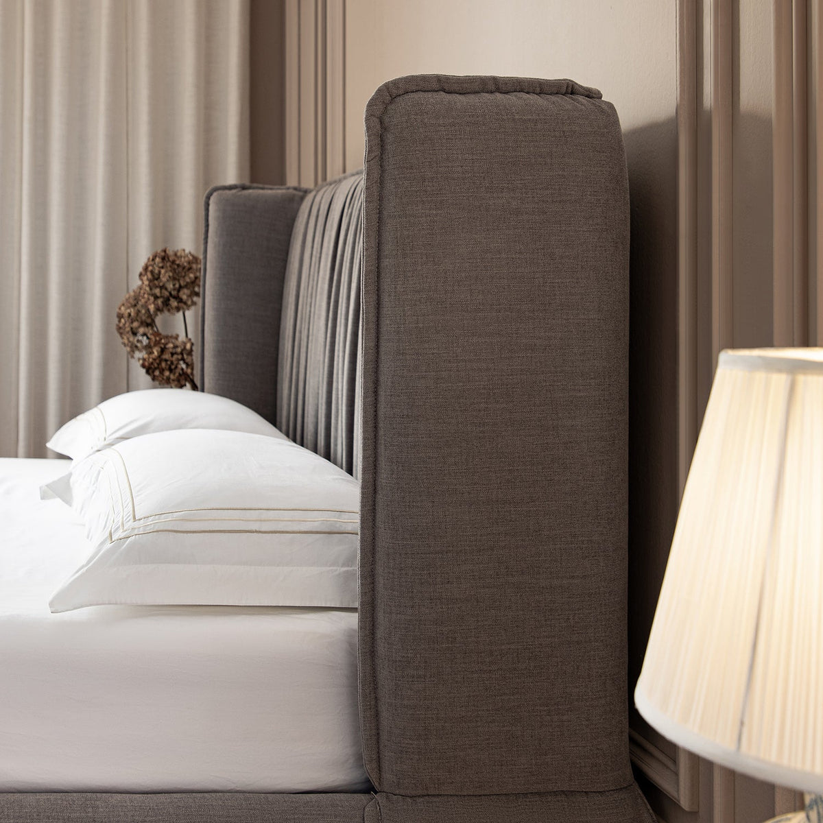 Astrid Ruched Wingback Bed in Soft Grey Chenille