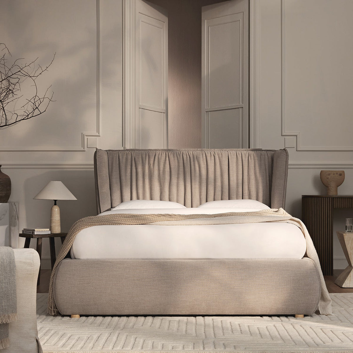 Astrid Ruched Wingback Bed in Oatmeal Chenille