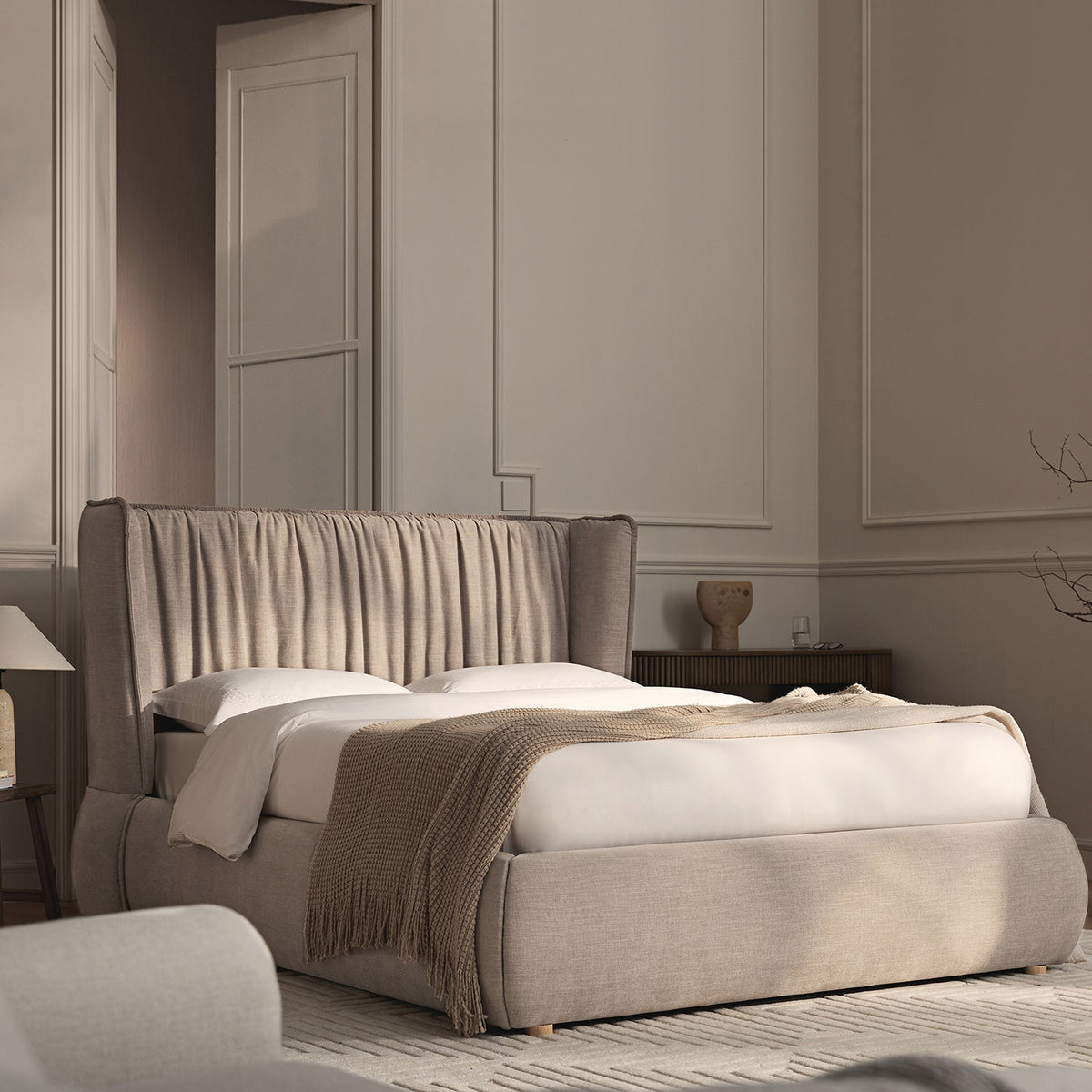 Astrid Ruched Wingback Bed in Oatmeal Chenille