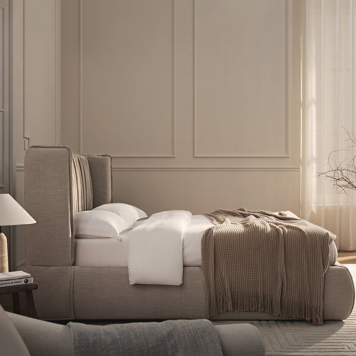 Astrid Ruched Wingback Bed in Oatmeal Chenille