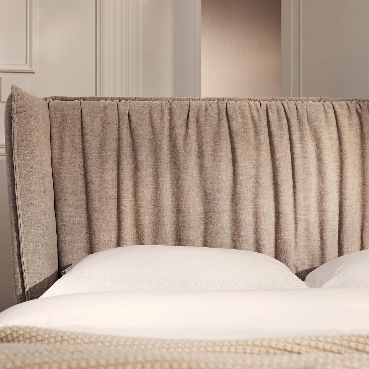 Astrid Ruched Wingback Bed in Oatmeal Chenille