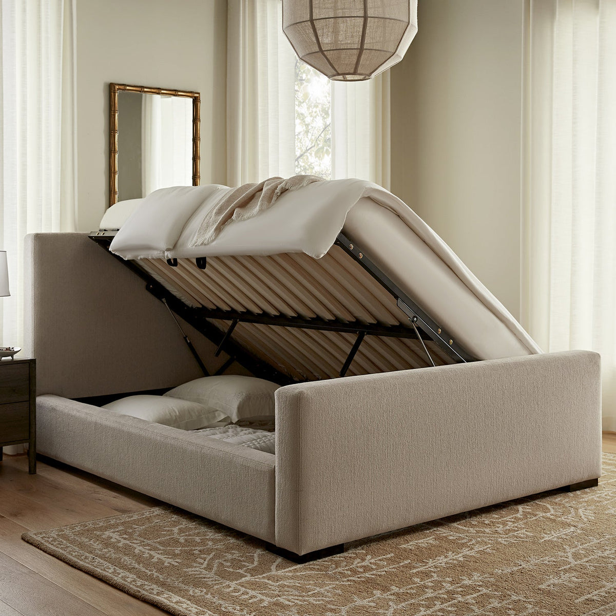 Antoine Side-Opening Ottoman Storage Bed in Soft Beige Chenille