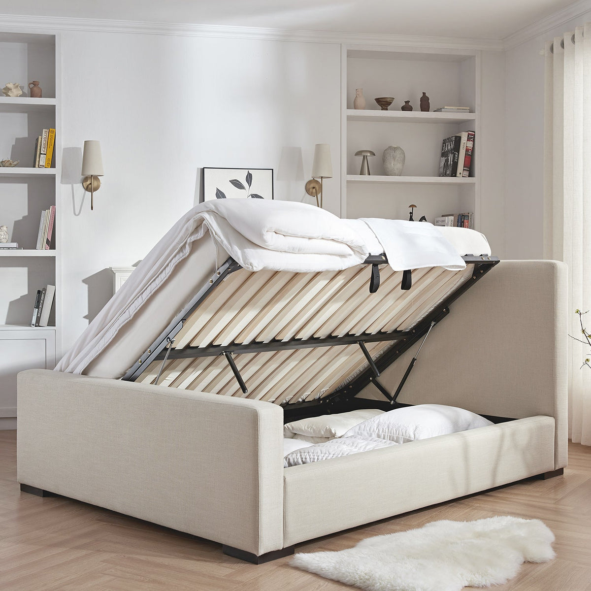 Antoine Side-Opening Ottoman Storage Bed in Ivory Linen Blend