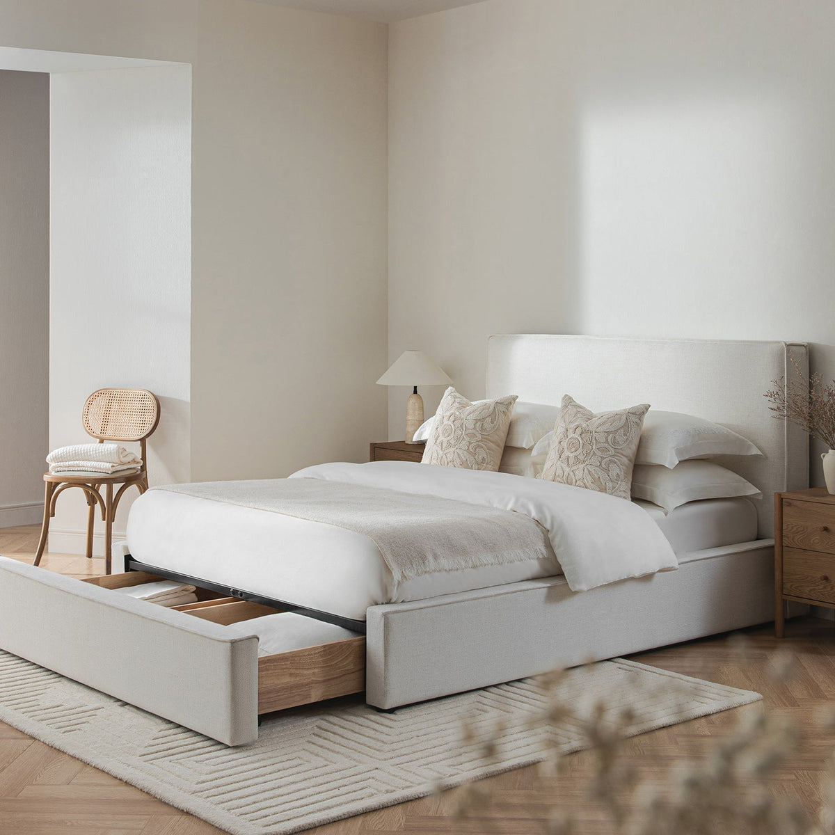 Forte Drawer Storage Bed in Beige Linen Blend