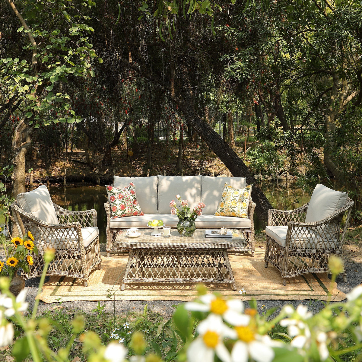 Willowbrook lattice weave rattan 5-seater garden sofa set with rising table in natural